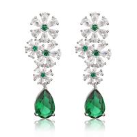Brass Drop Earring Flower platinum color plated micro pave cubic zirconia & for woman nickel lead & cadmium free Sold By Pair