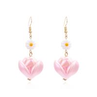 Boucles d'oreilles fer, avec résine, fleur, bijoux de mode, rose, 25x62mm, Vendu par paire