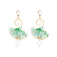 Tibetan Style Drop Earrings, with Plastic Pearl, Ginkgo Leaf, plated, fashion jewelry & enamel, more colors for choice, nickel, lead & cadmium free, 32x56mm, Sold By Pair