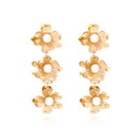 Boucles d'oreilles fer, avec perle de plastique, fleur, bijoux de mode, doré, 27x77mm, Vendu par paire