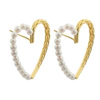 Goujon Laiton, avec perle de plastique, coeur, Placage de couleur d'or, bijoux de mode & pour femme & creux, protéger l'environnement, sans nickel, plomb et cadmium, 32x30x3mm, Vendu par paire