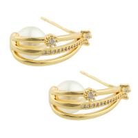 Brass Stud Earring, with Plastic Pearl, gold color plated, fashion jewelry & micro pave cubic zirconia & for woman, nickel, lead & cadmium free, 21x15x8mm, Sold By Pair