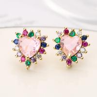 Brass Stud Earring Heart plated micro pave cubic zirconia nickel lead & cadmium free Sold By Pair