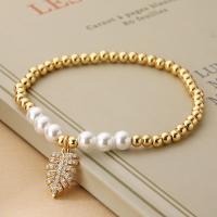 Cubic Zirconia Micro Pave Brass Bracelet, with Plastic Pearl, Leaf, plated, micro pave cubic zirconia, gold, nickel, lead & cadmium free, 11x20mm, Length:17 cm, Sold By PC