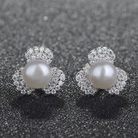 Freshwater Pearl Earrings Three Leaf Clover polished fashion jewelry & micro pave cubic zirconia & for woman Sold By Pair