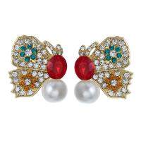 Zinc Alloy Stud Earring with Plastic Pearl Butterfly gold color plated for woman & with rhinestone nickel lead & cadmium free Sold By Pair