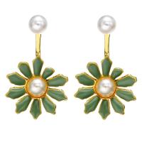 Zinc Alloy Stud Earring with Plastic Pearl Flower gold color plated for woman & enamel nickel lead & cadmium free Sold By Pair