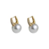 Brass Leverback Earring, with Plastic Pearl, Flower, plated, fashion jewelry & micro pave cubic zirconia & for woman, more colors for choice, nickel, lead & cadmium free, 25mm, Sold By Pair