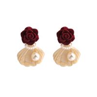 Zinc Alloy Drop Earrings with Plastic Pearl Rose silver color plated fashion jewelry & for woman red nickel lead & cadmium free Sold By Pair