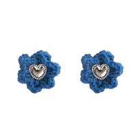 Zinc Alloy Stud Earring with Cotton Thread Flower silver color plated fashion jewelry & for woman nickel lead & cadmium free Sold By Pair