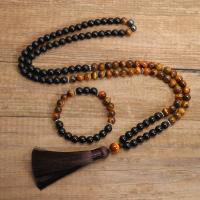 Natural Gemstone Necklace, Tiger Eye, with Polyester Yarns & Black Agate, handmade, fashion jewelry & different styles for choice & for woman, multi-colored, Sold By Strand