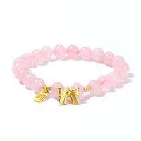 Quartz Bracelets, Rose Quartz, with Tibetan Style, Bowknot, gold color plated, fashion jewelry & for woman, pink, 8mm,12x10mm, Length:Approx 19 cm, Sold By PC
