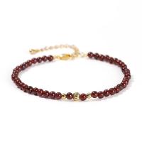 Natural Garnet Bracelet, with Brass, with 5cm extender chain, Round, gold color plated, fashion jewelry & for woman, red, 3mm, Length:Approx 19 cm, Sold By PC