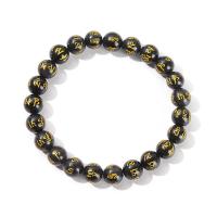 Gemstone Bracelets, Obsidian, Round, fashion jewelry & Unisex & different size for choice & gold accent, black, Length:Approx 19 cm, Sold By PC