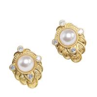 Brass Stud Earring, with Plastic Pearl, gold color plated, fashion jewelry & micro pave cubic zirconia & for woman, nickel, lead & cadmium free, 20x30mm, Sold By Pair
