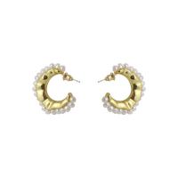 Brass Stud Earring with Plastic Pearl Letter C plated fashion jewelry & for woman nickel lead & cadmium free 30mm Sold By Pair