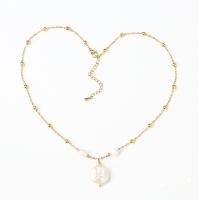 Stainless Steel Jewelry Necklace 304 Stainless Steel with Freshwater Pearl with 5cm extender chain Flat Round Vacuum Ion Plating fashion jewelry & for woman white 14mm Length Approx 38 cm Sold By PC