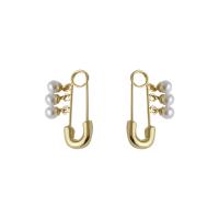 Brass Drop Earring with Plastic Pearl Paper Clip gold color plated fashion jewelry & for woman nickel lead & cadmium free 25mm Sold By Pair