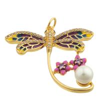 Cubic Zirconia Micro Pave Brass Pendant, with Plastic Pearl, Dragonfly, gold color plated, fashion jewelry & DIY & micro pave cubic zirconia & enamel, mixed colors, nickel, lead & cadmium free, 30x30x2mm, Sold By PC