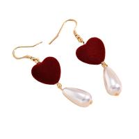 Tibetan Style Drop Earrings, with Flocking Fabric & Plastic Pearl, Heart, gold color plated, fashion jewelry & for woman, mixed colors, nickel, lead & cadmium free, 18x65mm, Sold By Pair