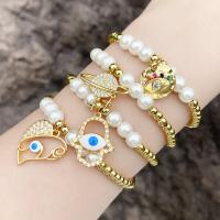 Evil Eye Jewelry Bracelet, Brass, with Plastic Pearl, plated, fashion jewelry & different designs for choice & micro pave cubic zirconia & enamel, golden, nickel, lead & cadmium free, Length:17 cm, Sold By PC