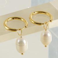Titanium Steel  Earring, with Plastic Pearl, 18K gold plated, fashion jewelry & for woman, golden, 32mm, Sold By Pair