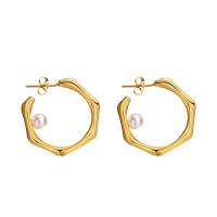 Stainless Steel Stud Earrings 304 Stainless Steel with Plastic Pearl Vacuum Ion Plating fashion jewelry & for woman golden 28mm Sold By Pair