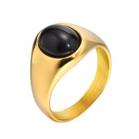 Stainless Steel Finger Ring 304 Stainless Steel with Black Agate Vacuum Ion Plating fashion jewelry & for woman golden 13mm Sold By PC