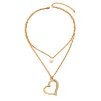 Zinc Alloy Jewelry Necklace with Plastic Pearl Heart gold color plated Double Layer & for woman & with rhinestone nickel lead & cadmium free 40cm Length Approx 58 cm Sold By PC
