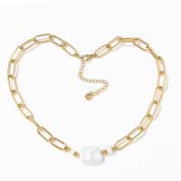 Stainless Steel Jewelry Necklace, 304 Stainless Steel, with Freshwater Pearl, with 7cm extender chain, Vacuum Ion Plating, fashion jewelry & polished & for woman, more colors for choice, Length:39 cm, Sold By PC