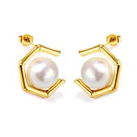 Stainless Steel Stud Earrings, 304 Stainless Steel, with Plastic Pearl, Vacuum Ion Plating, fashion jewelry & different styles for choice & for woman, golden, Sold By Pair