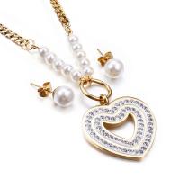 Fashion Stainless Steel Jewelry Sets, Stud Earring & necklace, Titanium Steel, with Plastic Pearl, Heart, 2 pieces & micro pave cubic zirconia & for woman, more colors for choice, 8mm,32*28mm, Length:Approx 17.32 Inch, Sold By Set