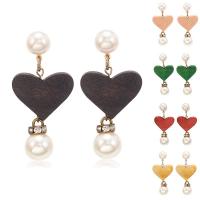 Wood Earring, with Plastic Pearl & Tibetan Style, Heart, brushwork, for woman & with rhinestone, more colors for choice, 25x53mm, Sold By Pair