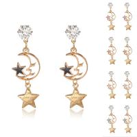 Tibetan Style Drop Earrings, Moon and Star, gold color plated, for woman & enamel & with rhinestone, more colors for choice, nickel, lead & cadmium free, 17x48mm, Sold By Pair