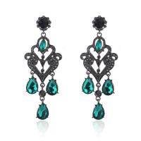 Tibetan Style Drop Earrings, plumbum black color plated, for woman & with rhinestone, green, nickel, lead & cadmium free, 30x80mm, Sold By Pair
