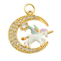 Rhinestone Brass Pendants, Unicorn, gold color plated, fashion jewelry & DIY & enamel & with rhinestone, mixed colors, nickel, lead & cadmium free, 19x18x2mm, Sold By PC