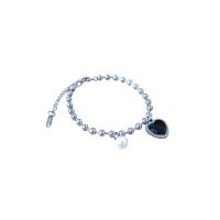 Titanium Steel Bracelet, with Plastic Pearl, with 2inch extender chain, Heart, ball chain & for woman & with rhinestone, original color, Length:Approx 7 Inch, Sold By PC