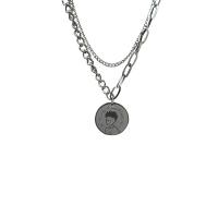 Titanium Steel Necklace, with 2inch extender chain, Flat Round, Double Layer & Twisted Piece Chain & Unisex, original color, Length:Approx 15.7 Inch, Sold By PC