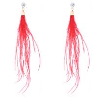 Fashion Feather Earring with Zinc Alloy gold color plated for woman & with rhinestone red 160mm Sold By Pair
