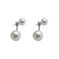 Brass Drop Earring Plastic Pearl with Brass Round silver color plated for woman nickel lead & cadmium free Sold By Pair