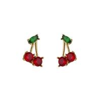 Brass Stud Earring, Cherry, gold color plated, micro pave cubic zirconia & for woman, nickel, lead & cadmium free, 15x20mm, Sold By Pair