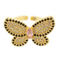 Cubic Zirconia Micro Pave Brass Ring, Butterfly, gold color plated, fashion jewelry & with rhinestone, mixed colors, nickel, lead & cadmium free, 17x24x2mm, Sold By PC