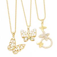 Cubic Zircon Micro Pave Brass Necklace with Plastic Pearl with 5cm extender chain Butterfly plated fashion jewelry & micro pave cubic zirconia golden nickel lead & cadmium free Length 45 cm Sold By PC
