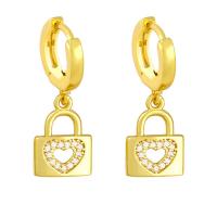 Brass Drop Earring, Lock, plated, fashion jewelry & micro pave cubic zirconia, golden, nickel, lead & cadmium free, 27x10mm, Sold By Pair