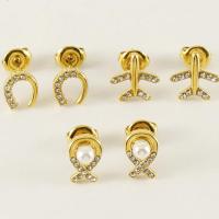 Titanium Steel  Earring with Plastic Pearl 18K gold plated & for woman & with rhinestone golden Sold By Pair