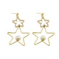 Brass Drop Earring with Plastic Pearl Star gold color plated fashion jewelry & DIY & with rhinestone nickel lead & cadmium free Sold By Pair