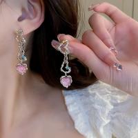 Tibetan Style Drop Earrings, Heart, plated, fashion jewelry & with rhinestone, pink camouflage, nickel, lead & cadmium free, 60x10mm, Sold By Pair