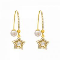 Zinklegierung Ohrringe, mit Kunststoff Perlen, Stern, plattiert, Modeschmuck & mit Strass, goldfarben, frei von Nickel, Blei & Kadmium, 45x14mm, verkauft von Paar