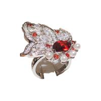 Sárgaréz Mandzsetta Finger Ring, -val Műanyag Pearl, Virág, platina színű bevont, állítható & a nő & strasszos & üreges, 38x33mm, Által értékesített PC