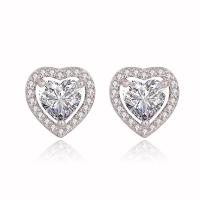 Brass Stud Earring Heart plated micro pave cubic zirconia & for woman & hollow Sold By Pair